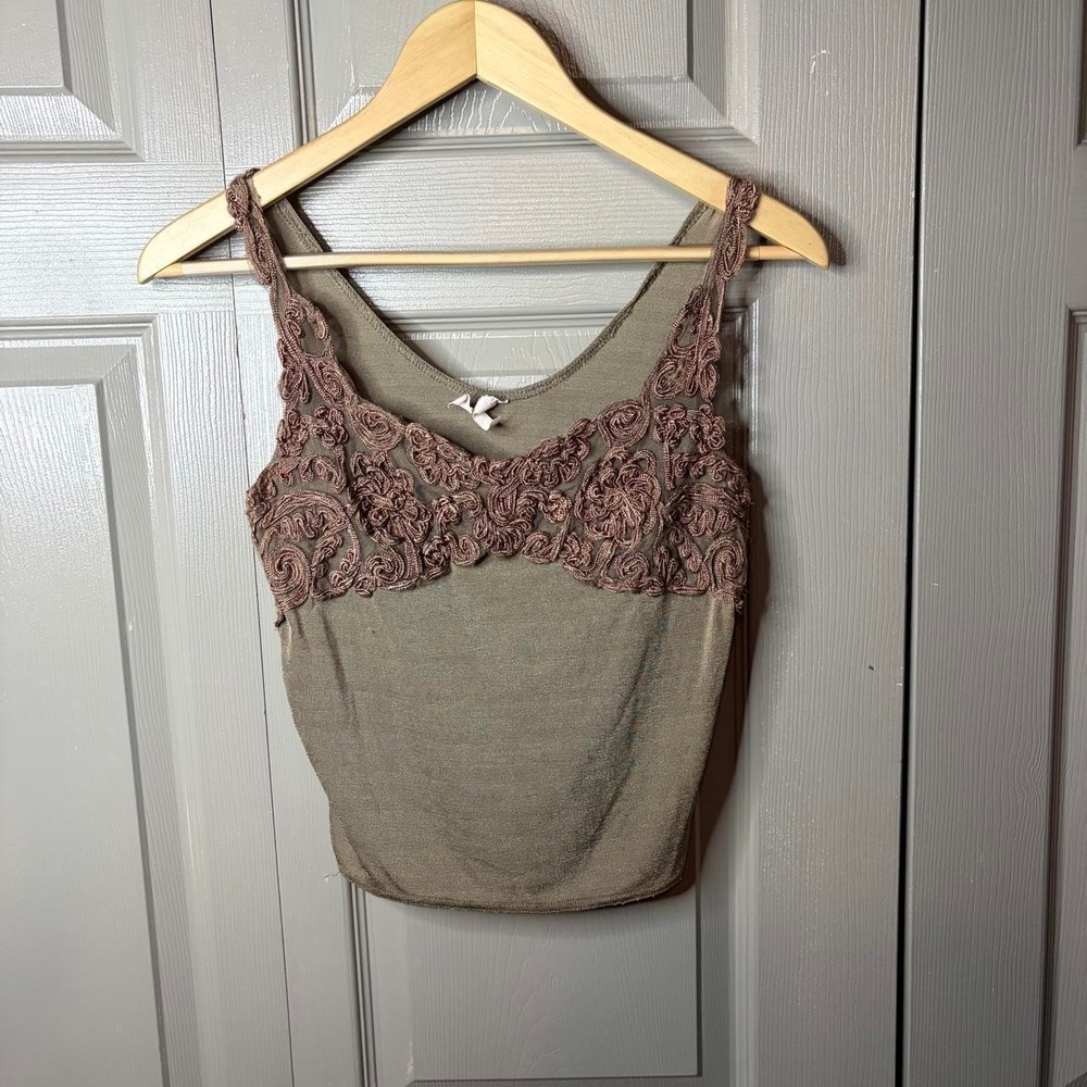 Y2K Brown Lace Cami Tank Top Women Small Fairy Cottagecore Boho V-Neck Cropped